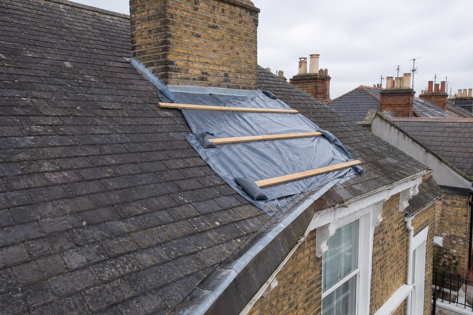 Illustrative temporary weatherproof protection over local roof damage