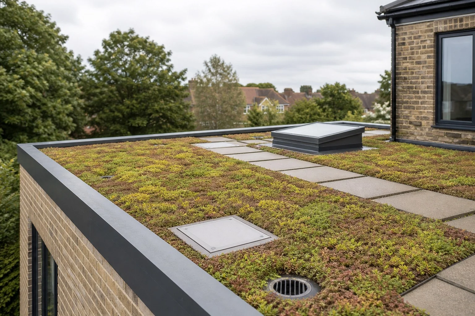 Illustrative green roof maintenance walkway and inspection access