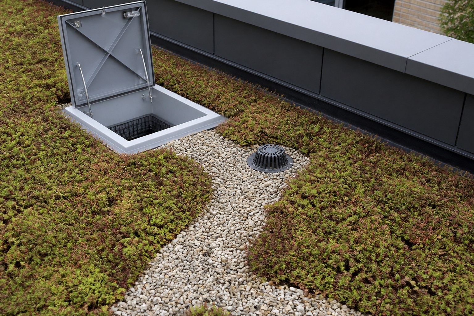 Illustrative accessible outlet and inspection box within a sedum roof