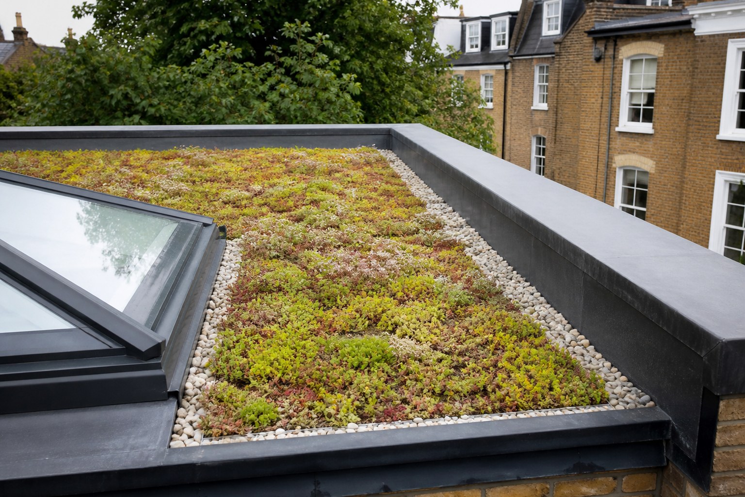 Illustrative completed sedum roof with gravel margins and rooflight