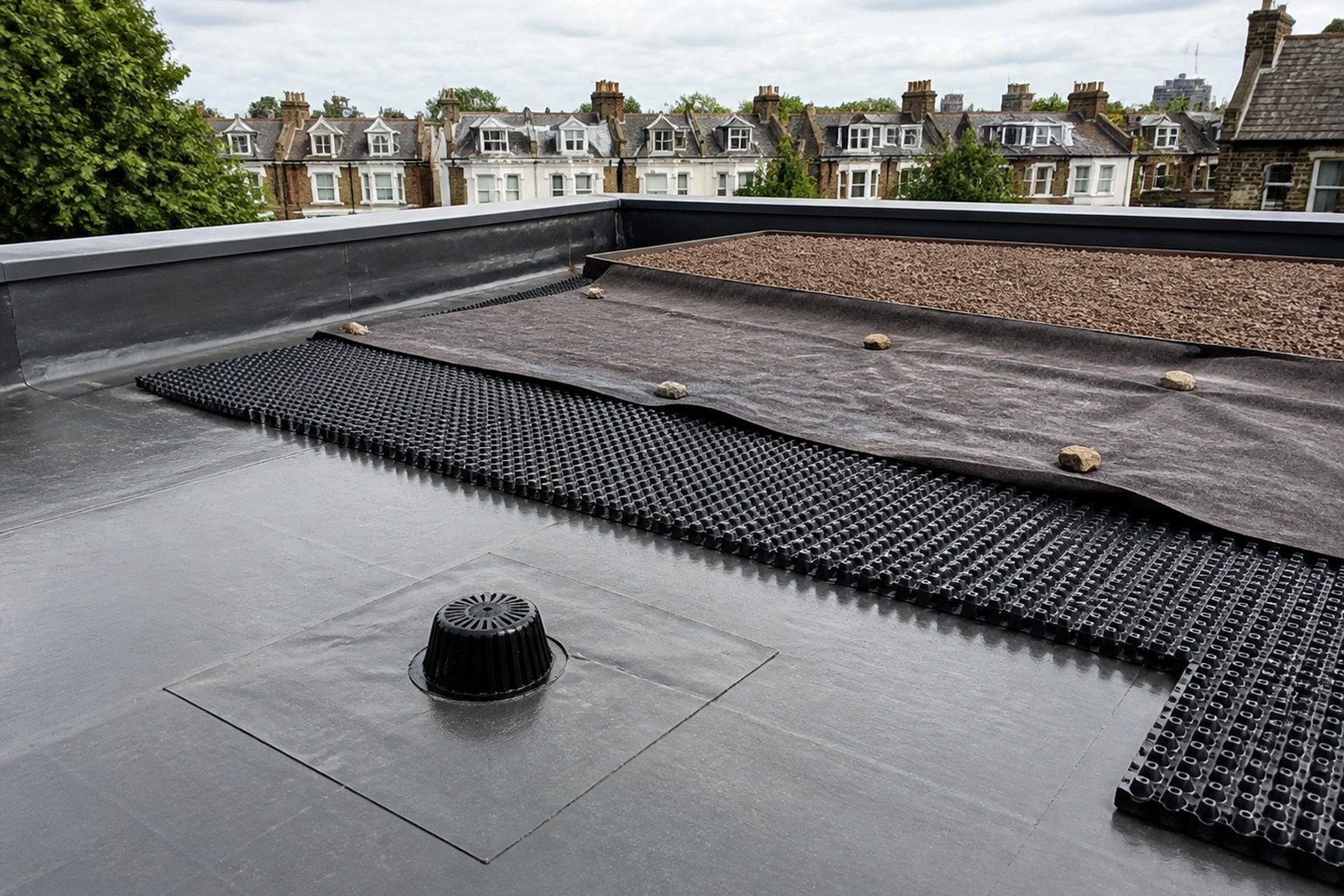Illustrative green roof waterproofing, drainage layer and roof outlet