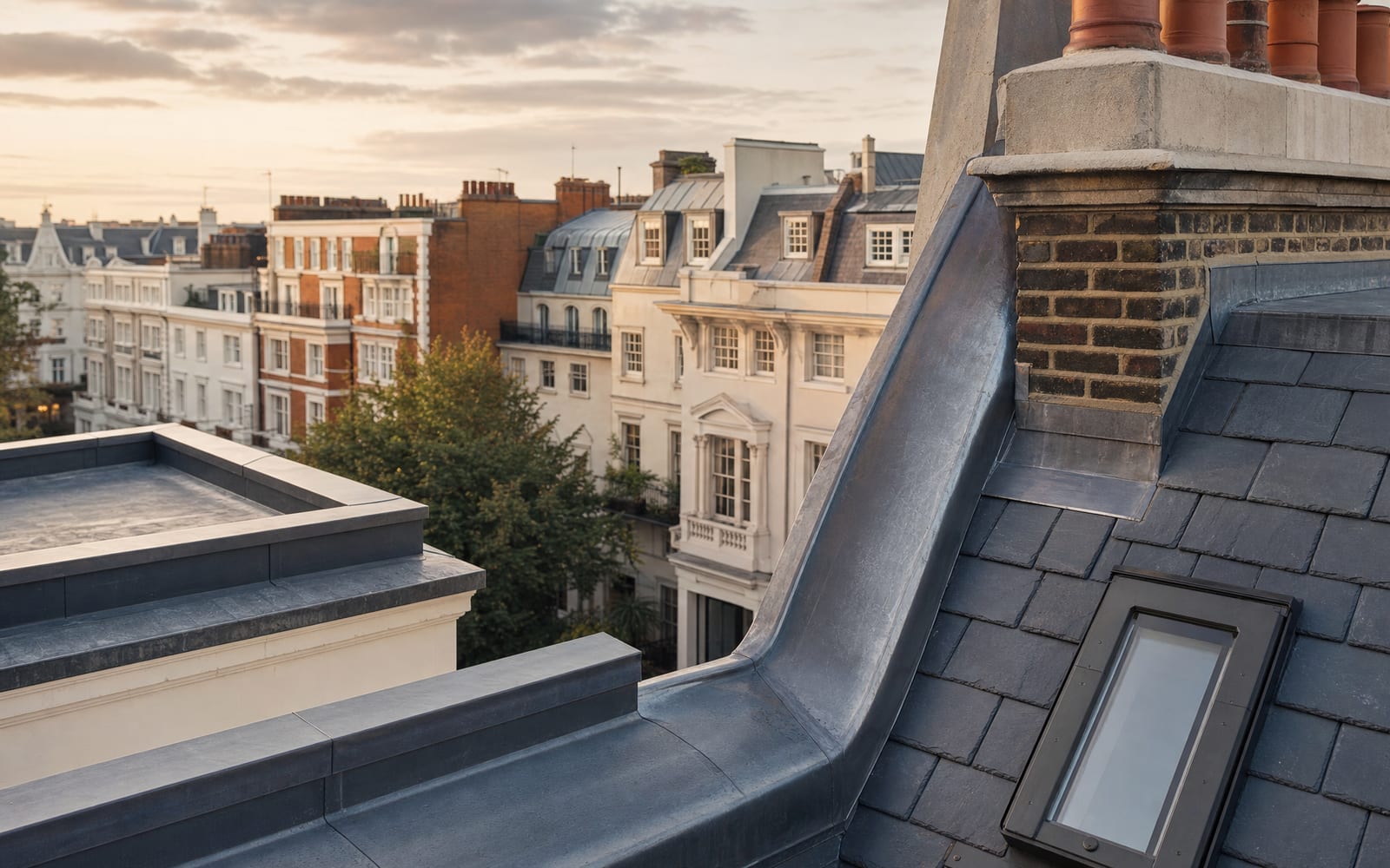 Pitched roof and leadwork details on a substantial London home