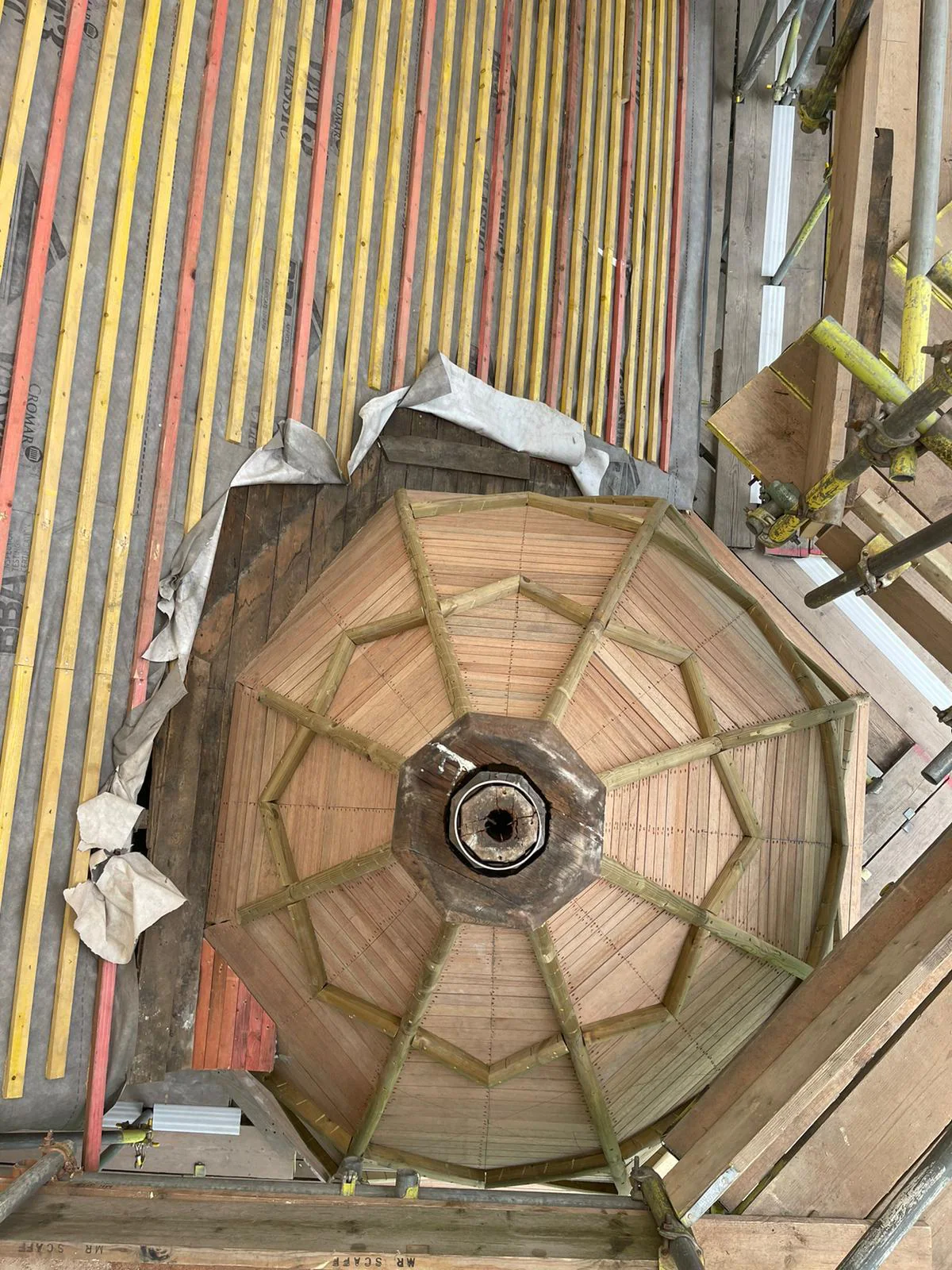 Exposed structural framing within the roof turret