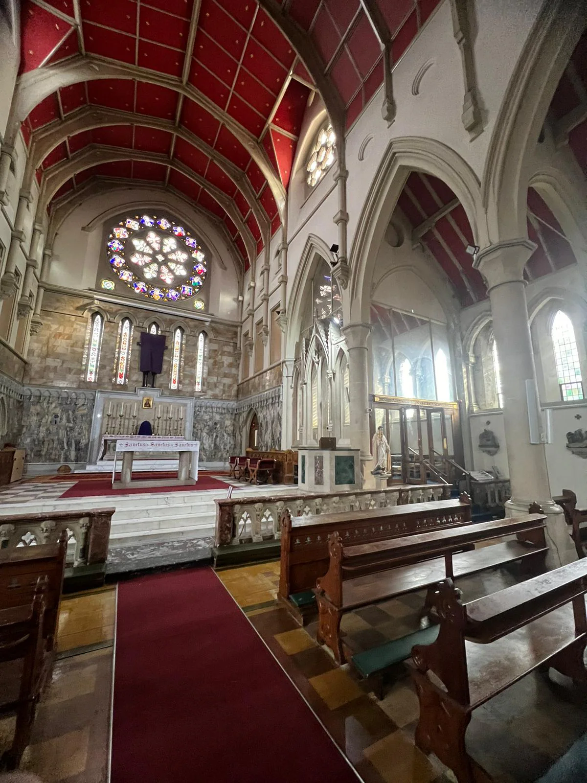 Interior of Our Lady of Sorrows Church beneath the repaired roof