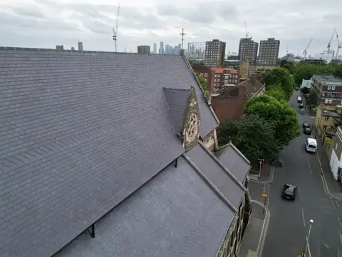 Aerial view of the church roof and neighbouring street
